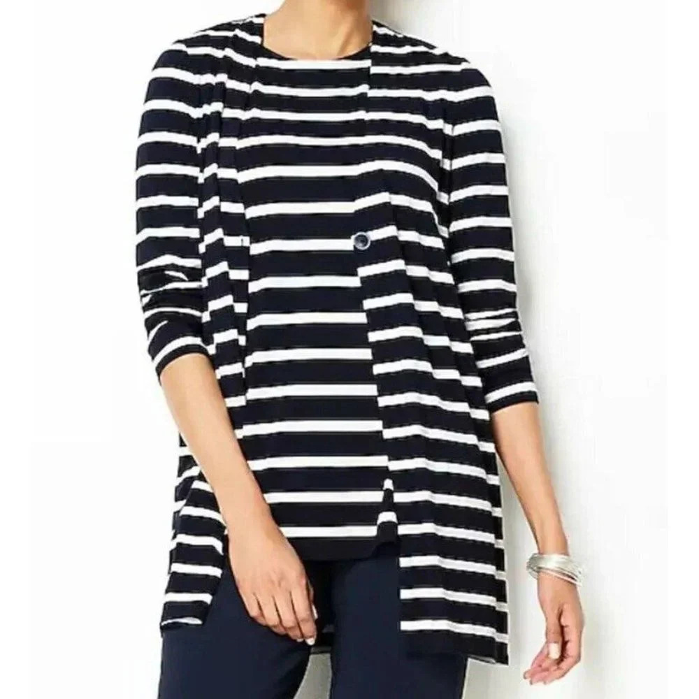 J. Jill Wearever Blue & Cream Striped Cardigan Size XL Lycra Stretch Women’s
